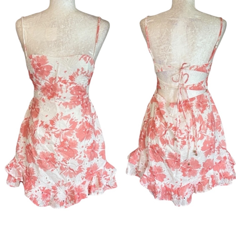 NWT Gigi & Ella Coral Pink Floral Embroidered Eyelet Tie Ruffled Mini Dress - 6